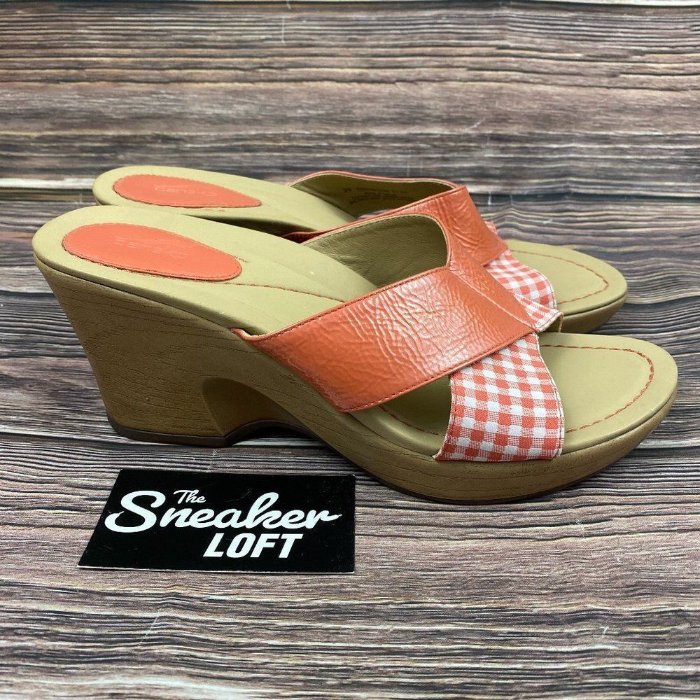 Dansko Coral Orange Gingham Wedge Sandals